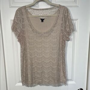 Ann Taylor Dressy Lace Top Size Large Scoop Neck Short Sleeve Taupe Mauve